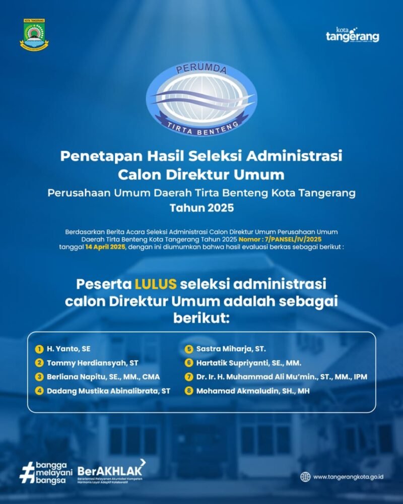 Flayer penetapan hasil seleksi administrasi calon Direktur Umum PDAM Kota Tangerang. (Foto: Istimewa).