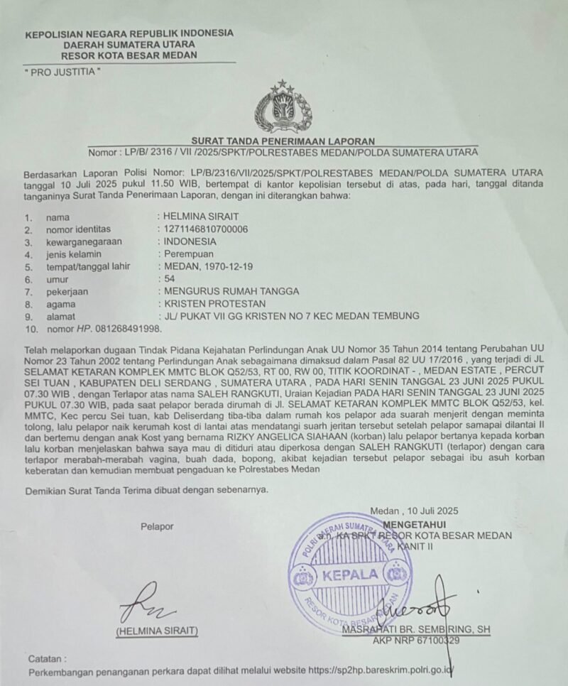 POTRET: bukti surat pelaporan dugaan tndak pidana kejahatan perlindungan anak ke Polrestabes Medan. (Foto: Istimewa).