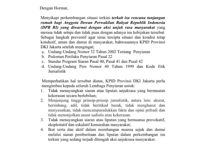 POTRET: surat imbauan KPID DKI Jakarta dinilai membungkam Kebebasan Pers. (Foto: Istimewa).